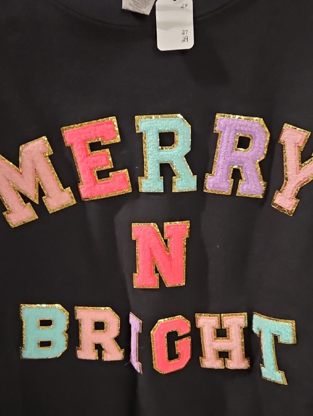 Gildan Black 'Merry N Bright' Appliqué Sweatshirt with Multicolor Letters - Picture 3 of 5